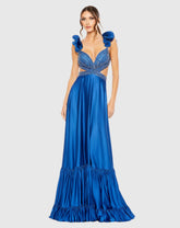 Blue Beaded Cross Cut Out Ruffled Strap A Line Gown