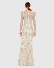 Beige Embellished Puff Sleeve V Neck Gown