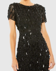 Black High Neck Short Sleeve Embellished Dress