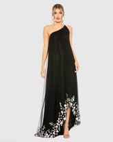 Black One Shoulder Trapeze Embellished High Low Gown