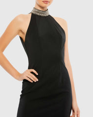 Black Open Back Jeweled Halter Midi Dress