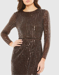 Brown Long Sleeve Sequin Mini Dress