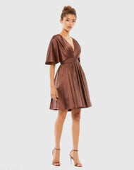 Brown Satin Flowy Cape Sleeve Mini Dress
