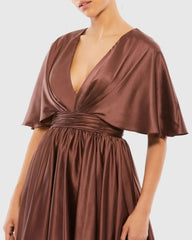 Brown Satin Flowy Cape Sleeve Mini Dress
