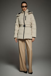 Celeste Polished Edge Belted Hooded Down Jacket