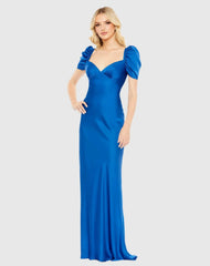 Blue Charmeuse Cap Sleeve Empire Waist Gown