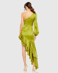 Green Charmeuse One Sleeve Ruffled Asymmetrical Gown