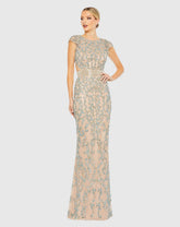 Beige Damask Sequin Embellished Open Back Lace Up Cap Sleeve Gown
