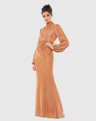 Orange Glitter High Neck Puff Sleeve Trumpet Gown