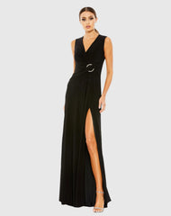 Black Draped Side Knot Jersey Gown w/ Rhinestone Ring