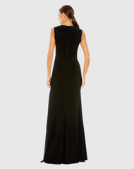Black Draped Side Knot Jersey Gown w/ Rhinestone Ring