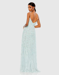 Blue Embellished Ruffled Spaghetti Strap A Line Gown