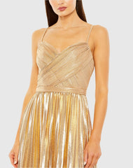 Gold Metallic Slim Strap Deep V Pleated Gown