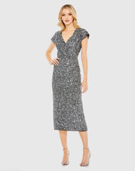 Gray Sequined Cap Sleeve Wrap Over Cocktail Dress