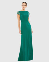 Green Beaded Cap Sleeve Bateau Column Gown