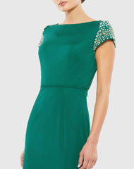 Green Beaded Cap Sleeve Bateau Column Gown