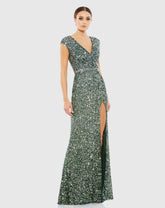 Green Cap Sleeve Sequined High Slit Gown