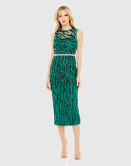 Green Embellished Sleeveless Illusion High Neck Dress