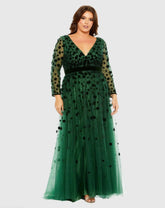 Green Floral Applique Long Sleeve A Line Gown (Plus)