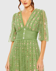 Green Floral V-Neck Ruffle Detail Empire Waist Gown