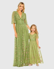 Green Floral V-Neck Ruffle Detail Empire Waist Gown