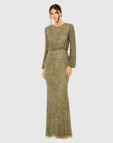 Green High Neck Long Sleeve Beaded Blouson Gown