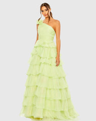 Green One Shoulder Ruffle Tiered Ballgown