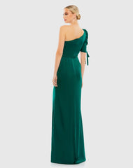 Green Satin One Shoulder Puff Sleeve Trumpet Gown