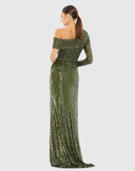 Green Sequined Drop Shoulder Faux Wrap Gown