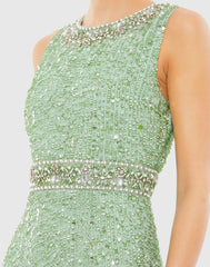Green Sleeveless Sequin Column Gown