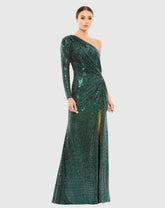 Green One Sleeve Draped Sequin Gown