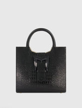 Black Buckled Medium Croco Leather Tote Bag with Detachable Strap