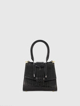 Black Buckled Mini Croco Leather Handbag with Detachable Strap