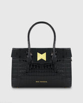 Black Crocodile Leather Tote Bag With Gold Hardware