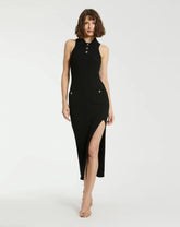 Black Rib Knit Collared Sleeveless Fitted Maxi Dress - FINAL SALE
