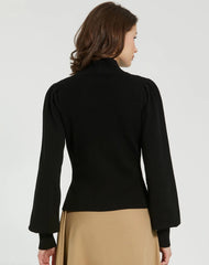 Black Ribbed Knit Balloon Sleeve Turtle Neck Sweater - FINAL SALE