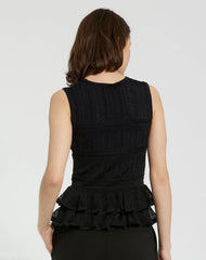 Black Sleeveless High Neck Knit Top With Ruffle Hem - FINAL SALE