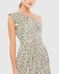 Beige One Shoulder Animal Print Gown