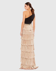 Black and Gold One-Shoulder Ruffle Tiered A-Line Gown