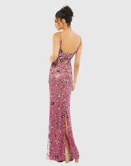 Pink Floral Embellished Scoop Neck Evening Gown