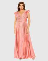 Pink Flutter Sleeve Pleated V-Neck Gown (Plus)