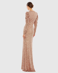 Pink Sequined High Neck Puff Long Sleeve Column Gown
