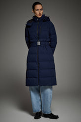 Celeste Long Hooded Belted Down Coat