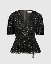 Black Sequined Puff Sleeve Faux Wrap Top - FINAL SALE