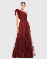 Red Organza One Shoulder Pleated Gown