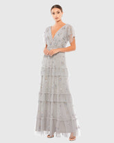 Gray Ruffle Tiered Embellished Flutter Sleeve Gown