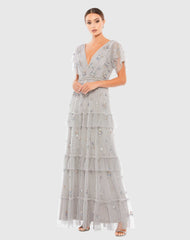 Gray Ruffle Tiered Embellished Flutter Sleeve Gown