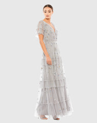 Gray Ruffle Tiered Embellished Flutter Sleeve Gown