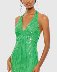 Green Halter Neck Sequin Gown