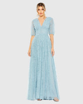 Blue V Neck Puff Sleeve Ruffle Tiered A Line Gown